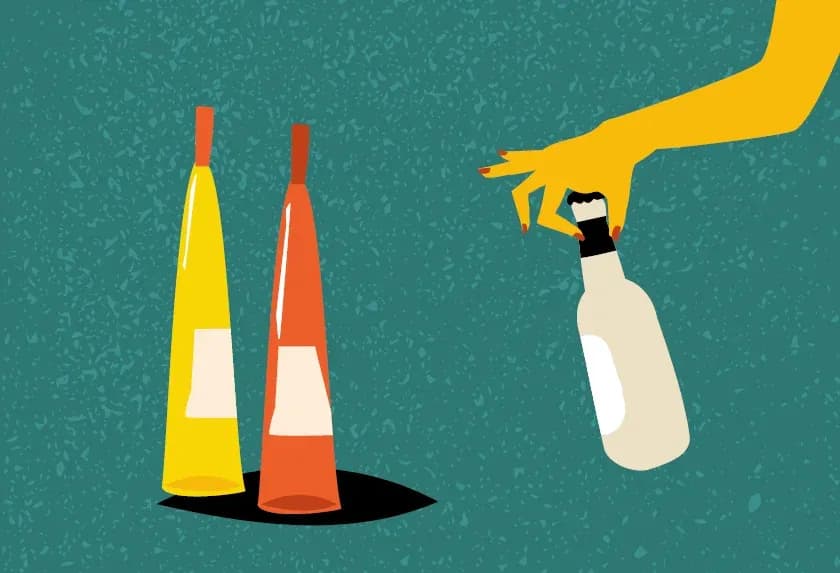 Stylized hand reaching for an off-white bottle, with yellow and orange bottles nearby.