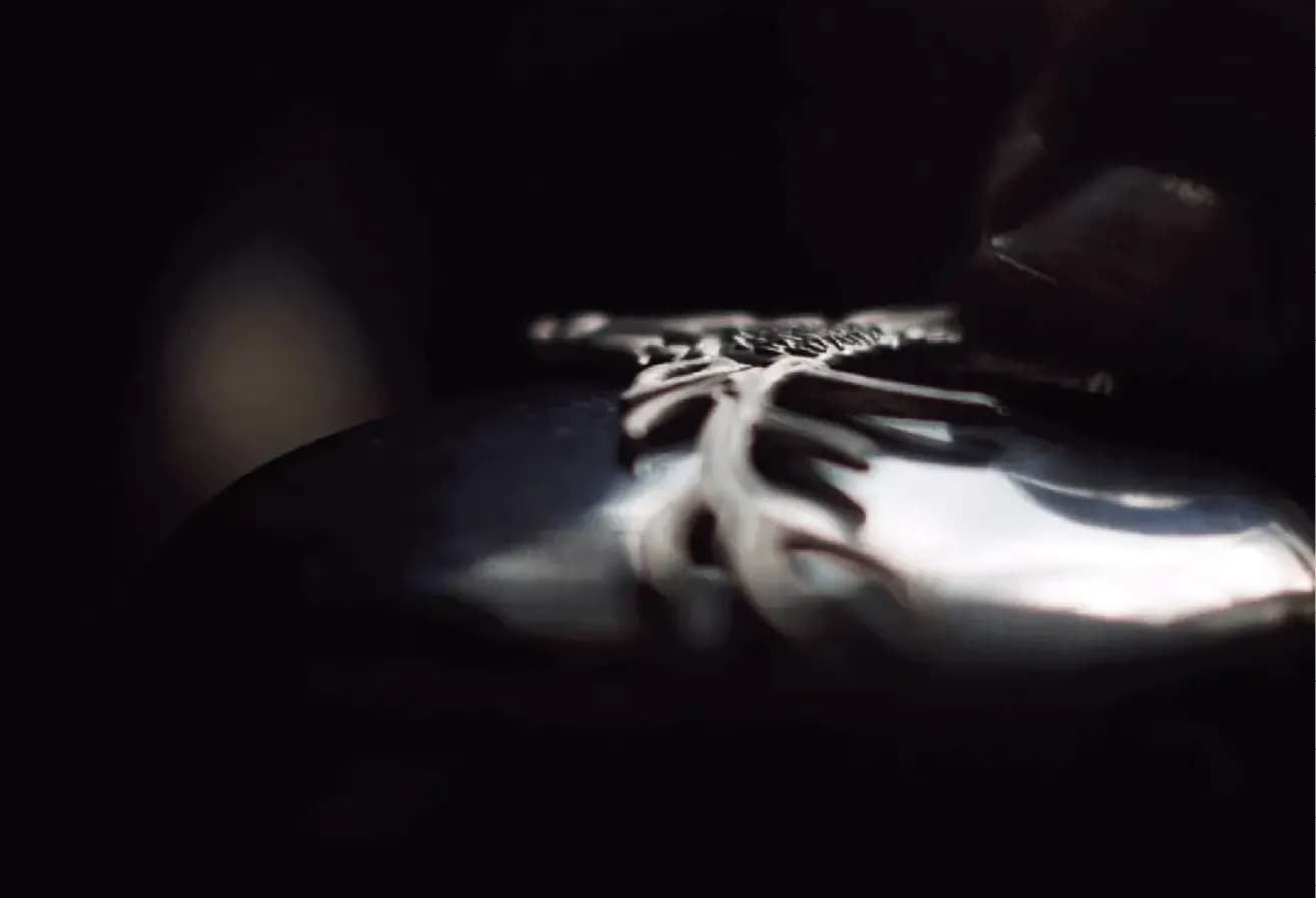 Abstract dark surface with reflective light streaks, resembling liquid or polished metal.