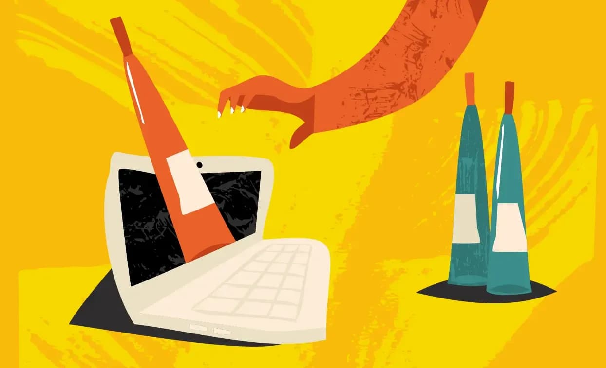 Monster arm emerges from laptop screen to grab a wine bottle.