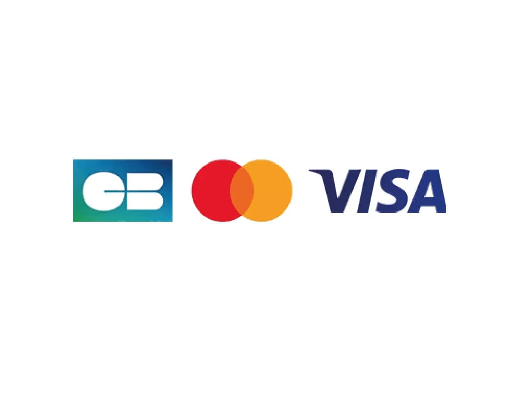 Logos for payment methods including CB, Mastercard, and Visa, displayed on a white background.