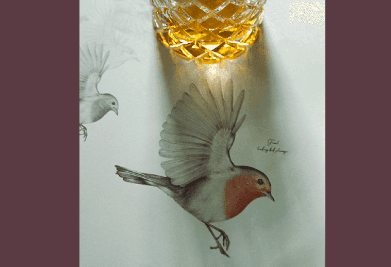 Detailed drawing of a robin in flight on a wall with 'Great British Design' text.